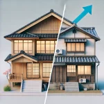 : A side-by-side comparison of a well-maintained Japanese house and an older house, representing real estate company vs. individual seller purchases.