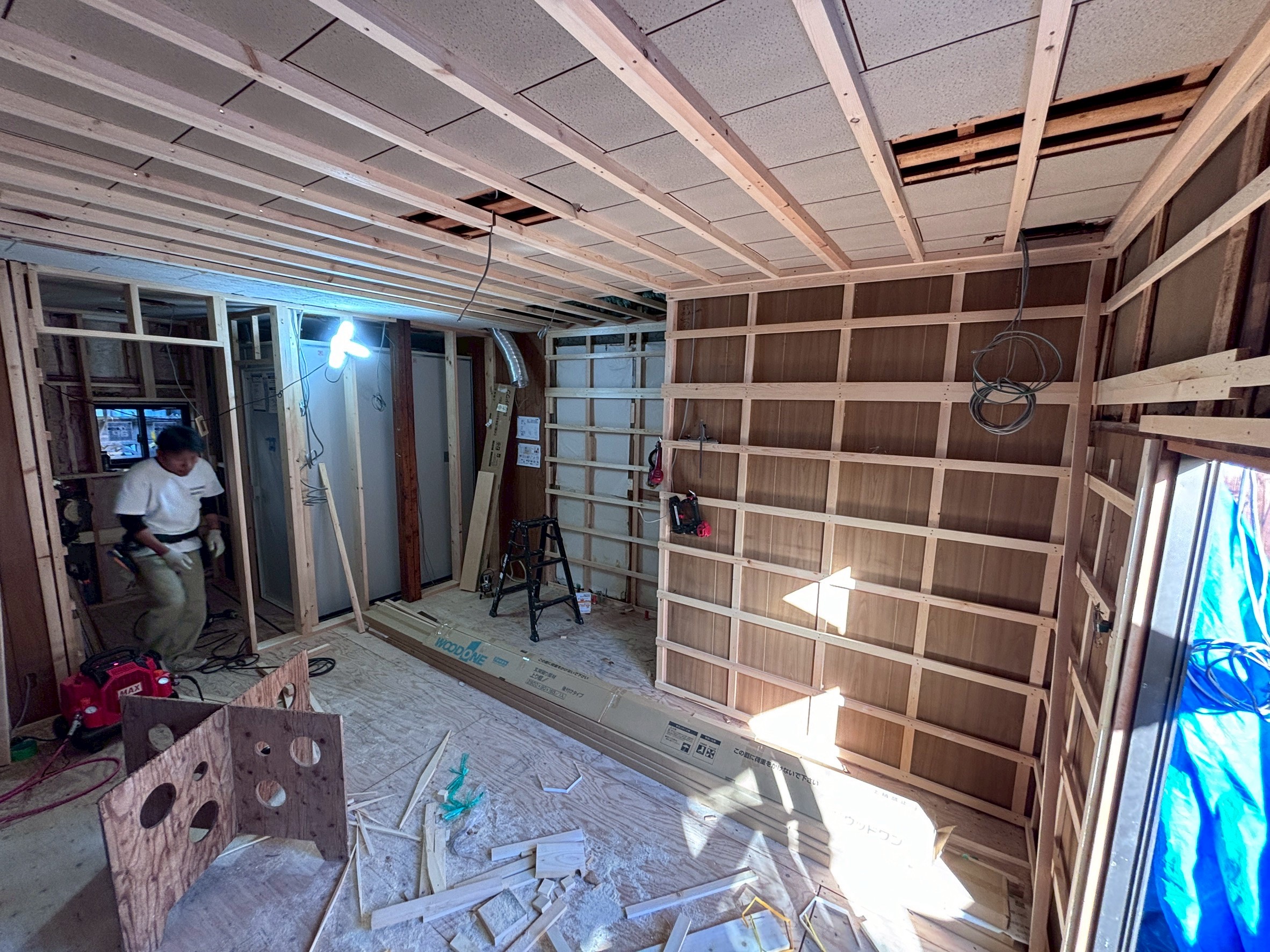 Renovation work in progress converting a tatami room into a dining space in Kyoto
